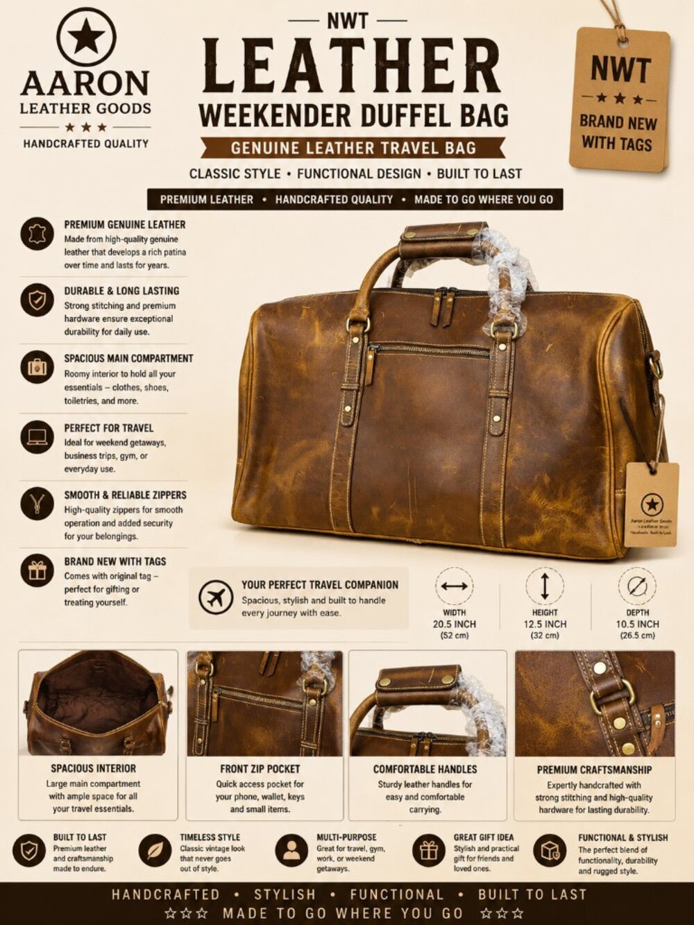 NWT Aaron Leather Goods Genuine Leather Weekender Duffel Travel Bag Brown